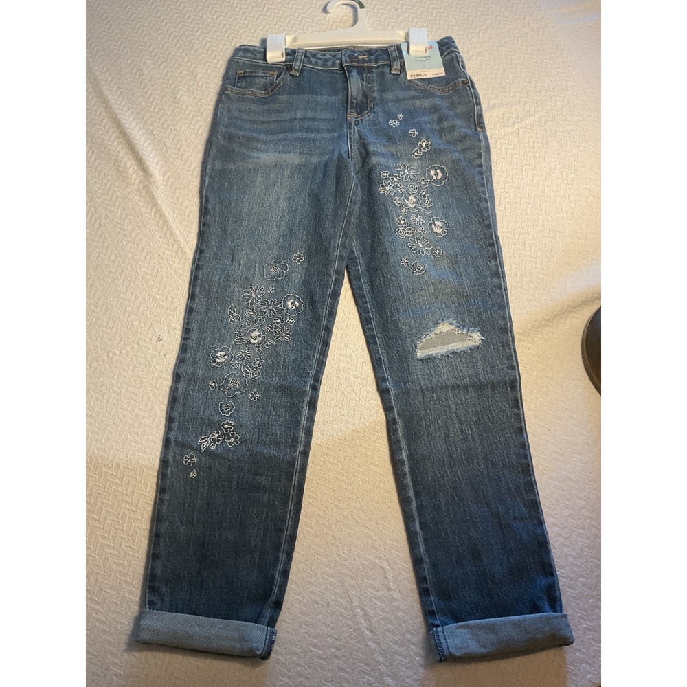 Cat & Jack Girls Girlfriend Jeans Size‎ 12 Embroidered Floral Ripped Stretch